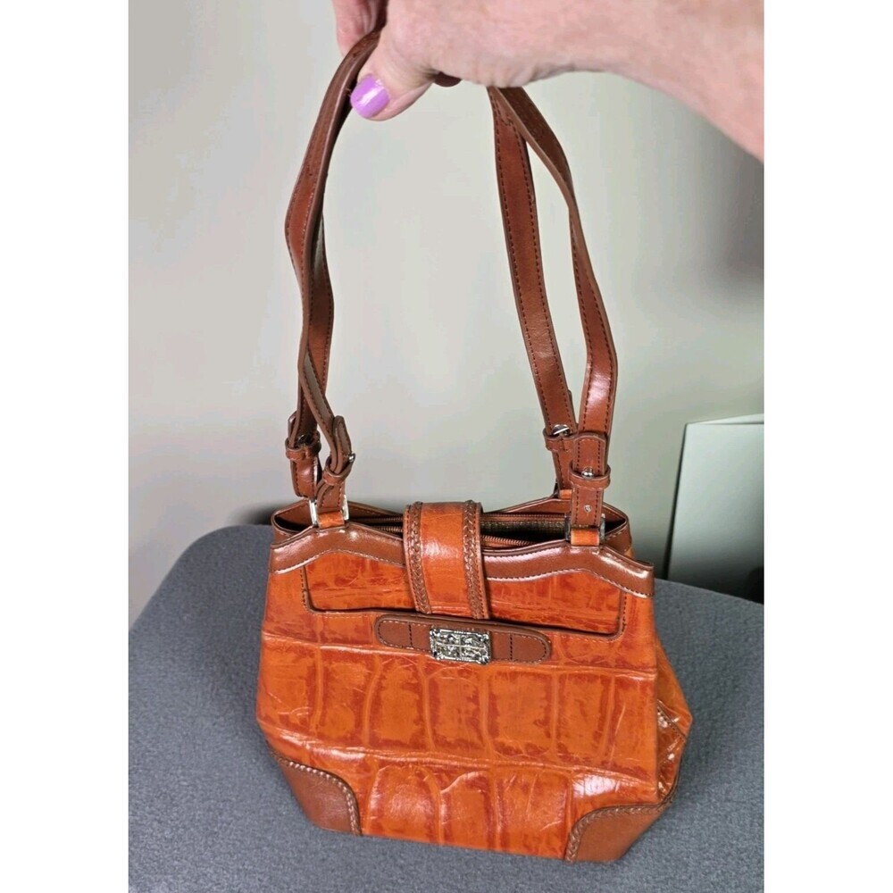 MC Crocodile Embossed Brown Leather Shoulder Bag Purse Silver Accent Structured